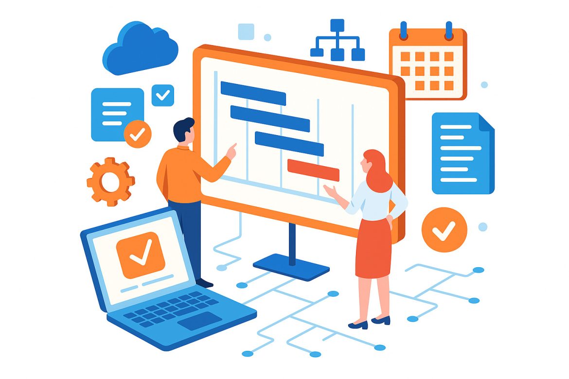 Formazione in Project Management rappresentata con un’illustrazione isometrica: due persone davanti a una lavagna con Gantt.