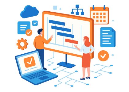 Formazione in Project Management rappresentata con un’illustrazione isometrica: due persone davanti a una lavagna con Gantt.