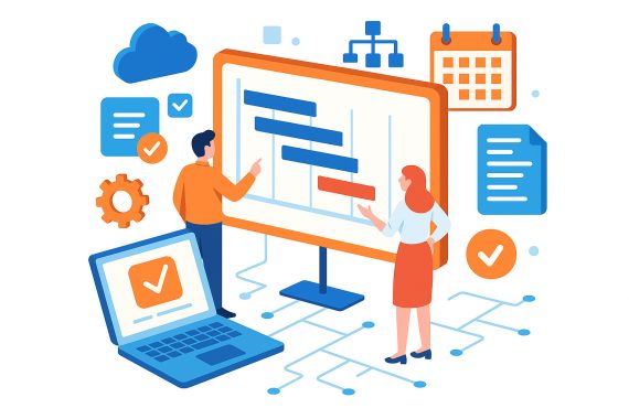 Formazione in Project Management rappresentata con un’illustrazione isometrica: due persone davanti a una lavagna con Gantt.